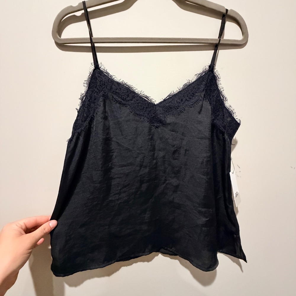 BP Lace Trim Satin Cami Women S Black Eyelash Lace Minimalist Goth Indie NWT